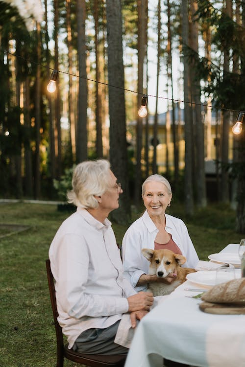 A senior couple with their dog