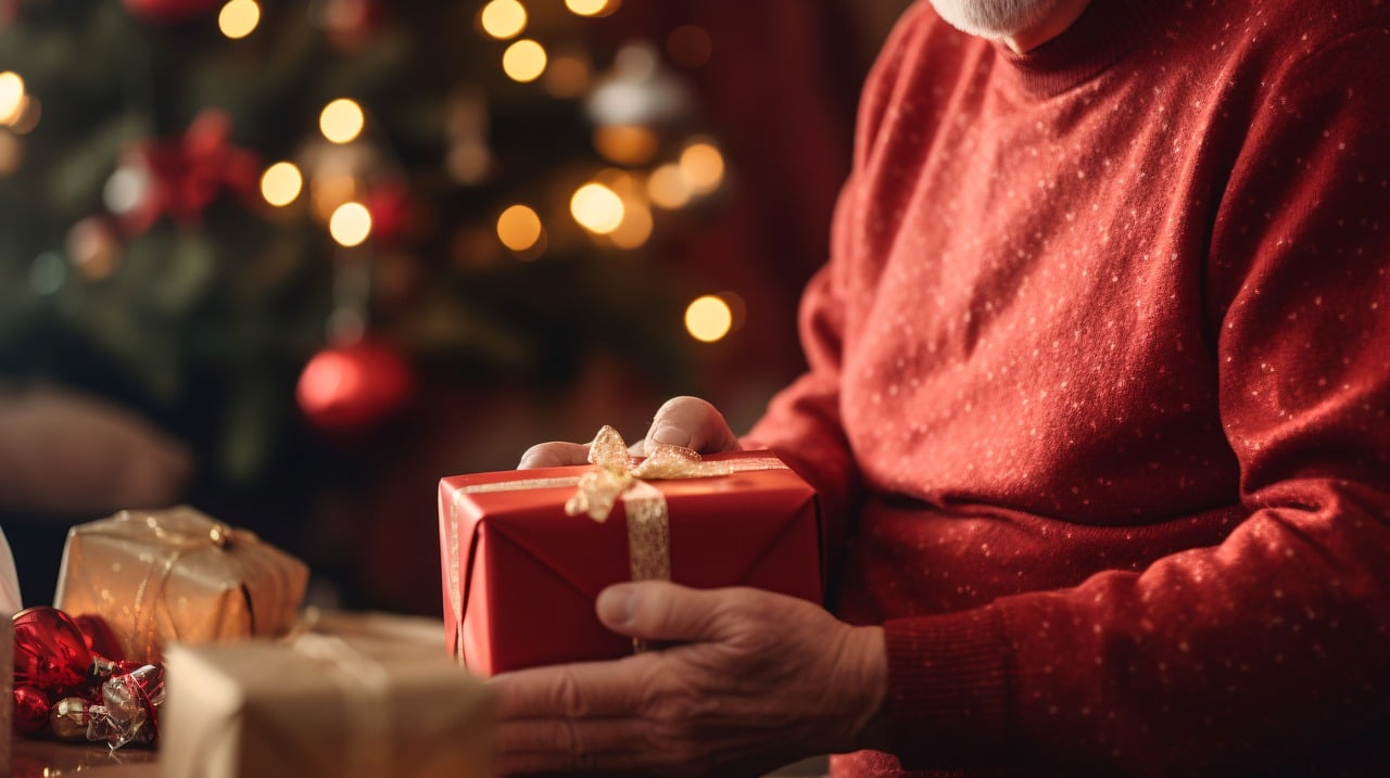 A senior holding a gift wrapped in red paper with a gold ribbon