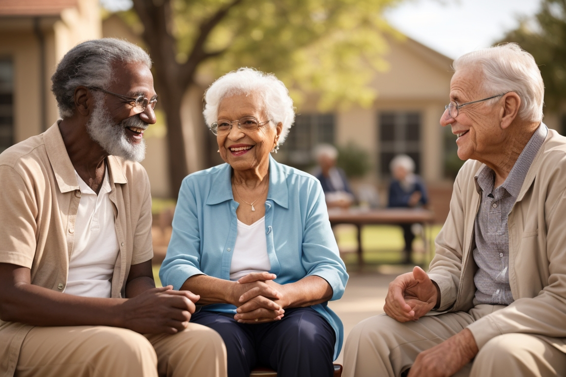 Seniors sitting together looking happy at a retirement community