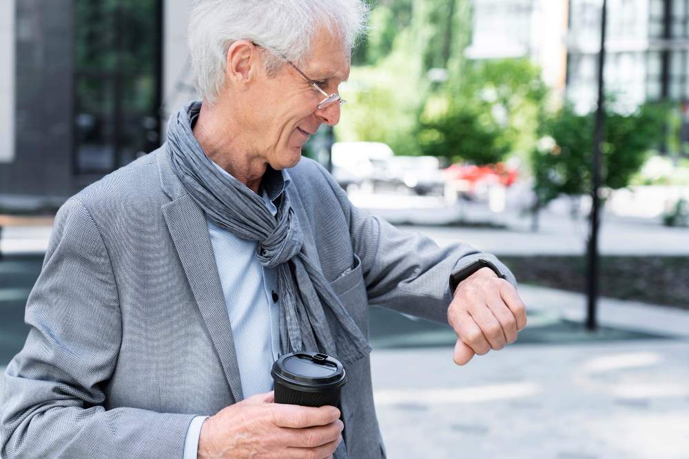 A senior person wearing a fitness tracker watch