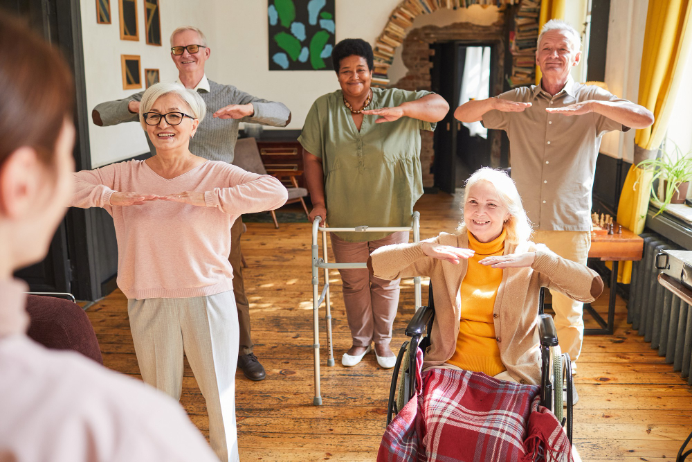 A group of seniors exercising with an instructor