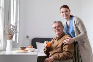 A seniorhaving a healthy breakfast at an assisted living community